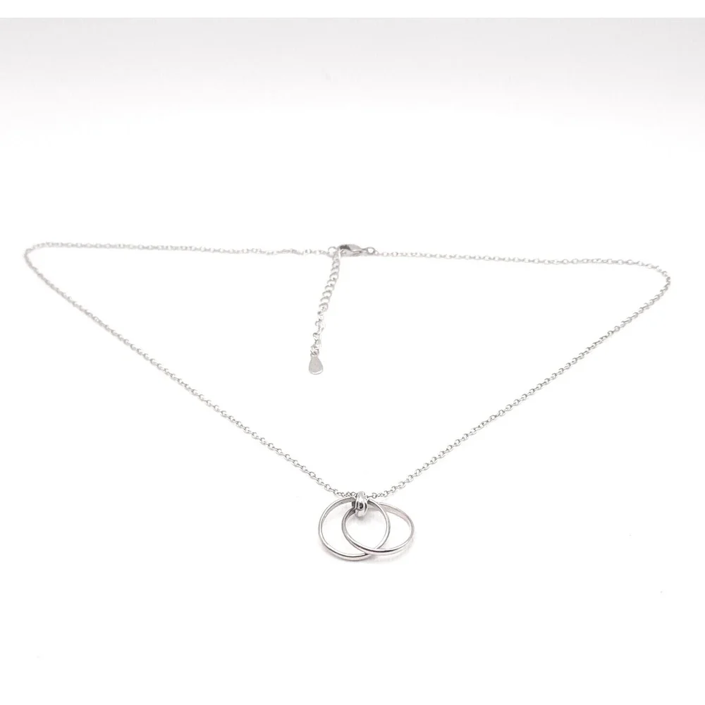 Silver‎ Tone Double Ring Pendant Necklace – 18″ Adjustable Lobster Clasp Rolo